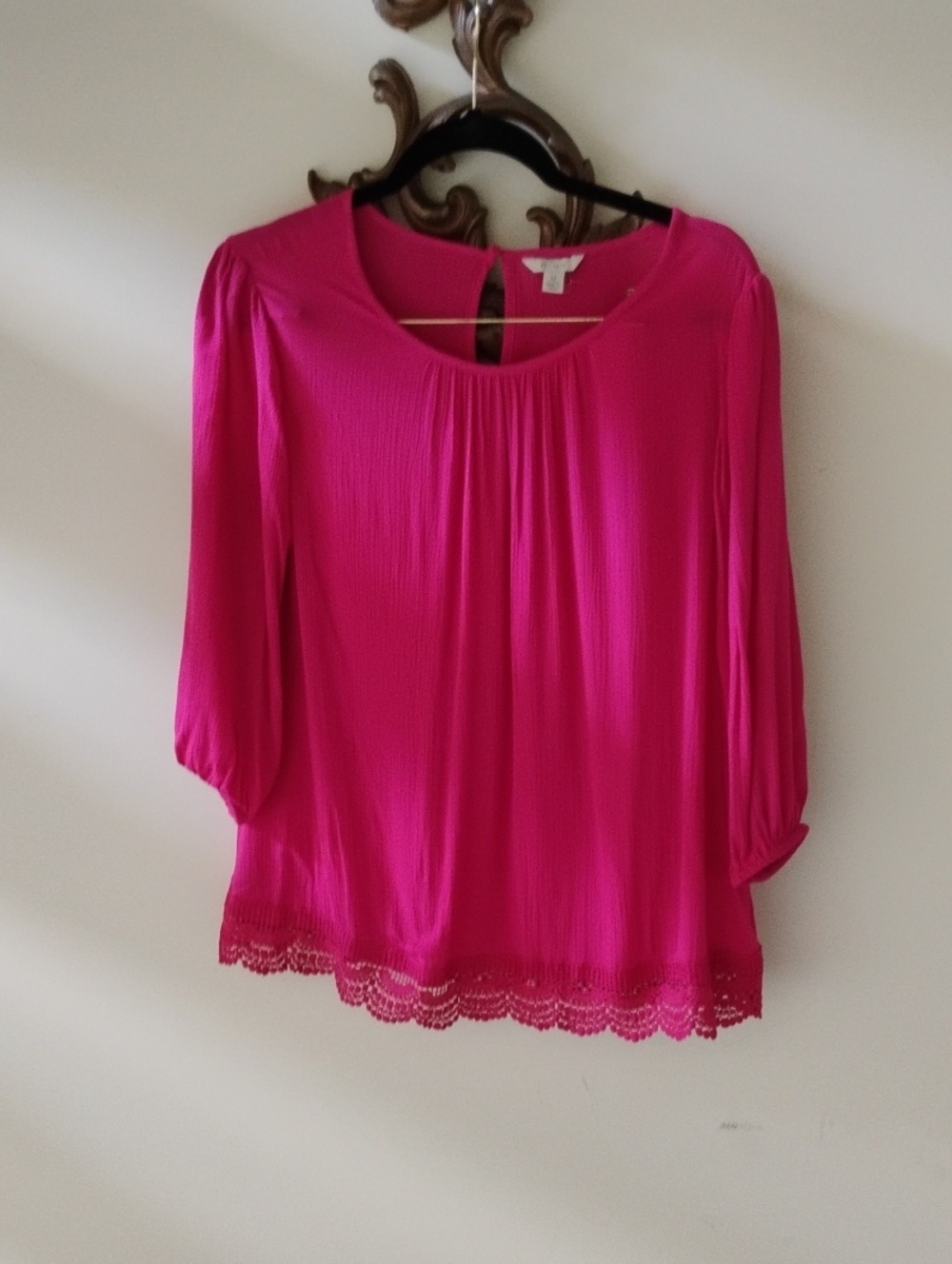 Cato Bright Fuchsia Scoop Neck Blouse with Lace Trim